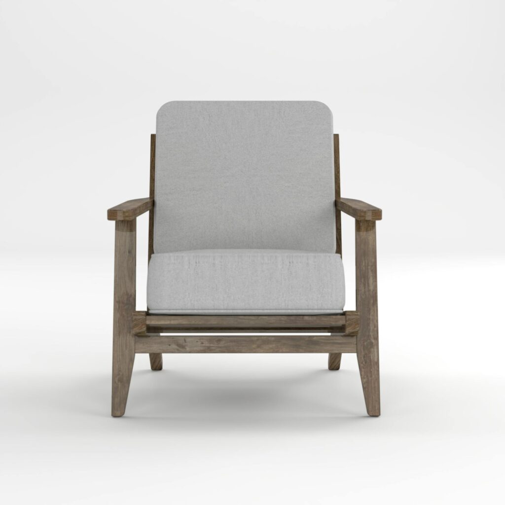 A sleek wooden armchair with gray cushions on a white background, perfect for minimalist decor.